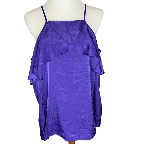 BAR III LADIES COLD SHOULDER RUFFLED BLOUSE, DEEP IRIS PURPLE, MEDIUM, NWT - Picture 3 of 7
